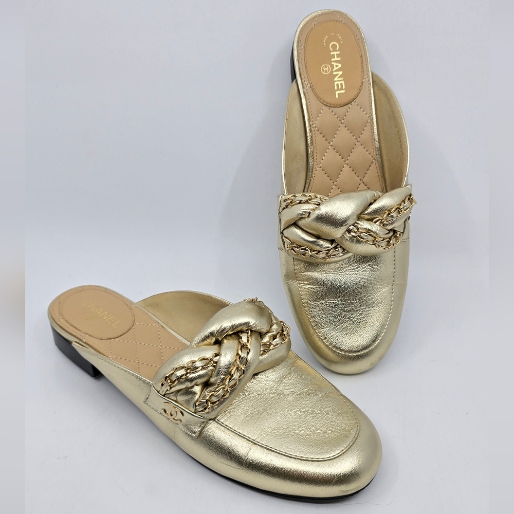 Chanel Metallic Gold Leather Mules w/ Braided Chain Detail